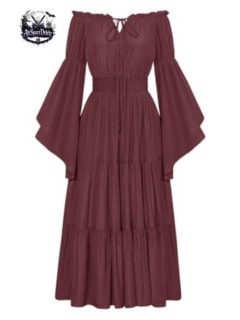 Renaissance Costume Tiered Maxi Dress Off Shoulder Bell Sleeve Smocked Waist